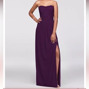David’s Bridal Plum Strapless Lace Chiffon Long Dress - Size 8